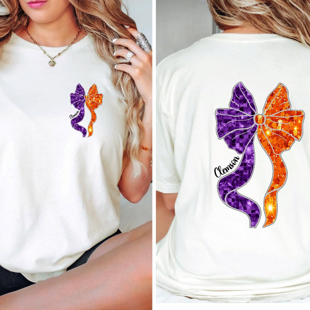 Clemson Tigers Ribbon Coquette Glitter Shirts | Game Day-Sports | Clemson| Coquette| Sweatshirt| Shirt| Glitter Print| Clemson | ShortSleeve